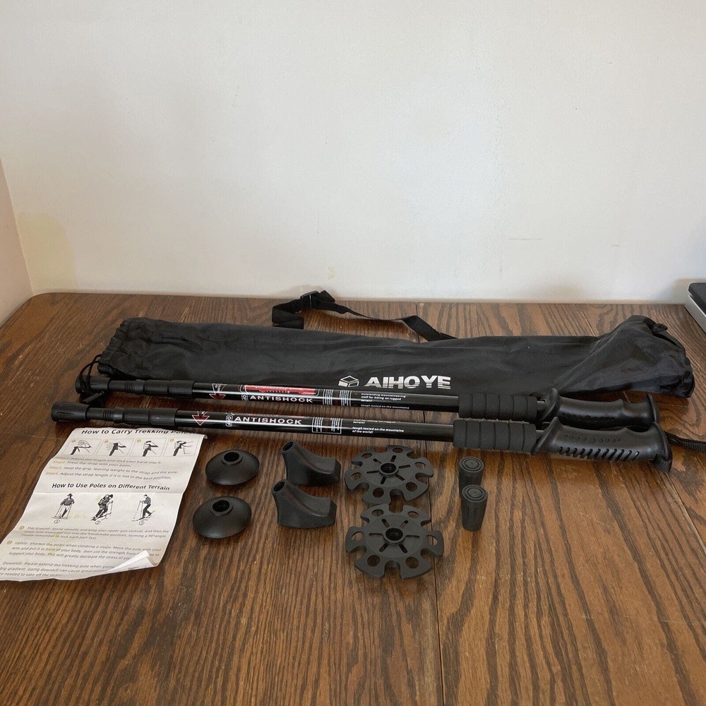Aihoye Trekking Poles With 4 Sets Of Feet Black Antishock Adjustable Hiking Walk